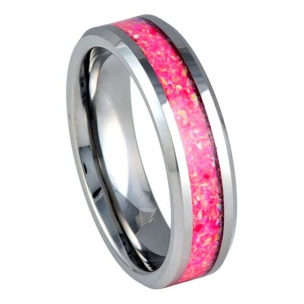 New Tungsten ring 6mm Mimosa Hot Pink Synthetic Opal Inlay Wedding Band Ring